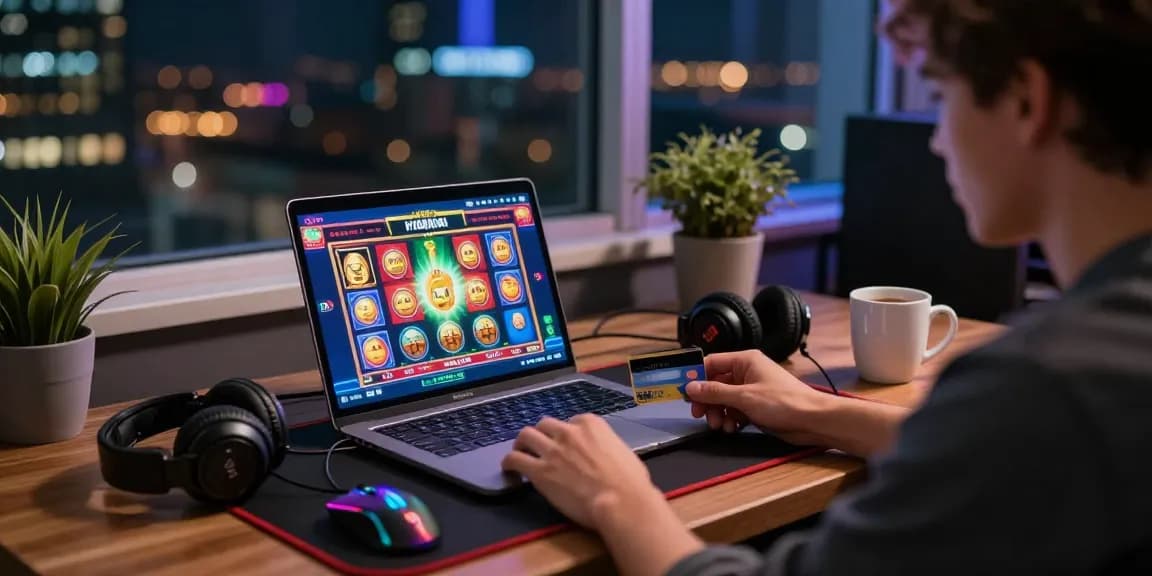 Experience the excitement of credit card online casinos with a player enjoying vibrant games at a stylish gaming desk.