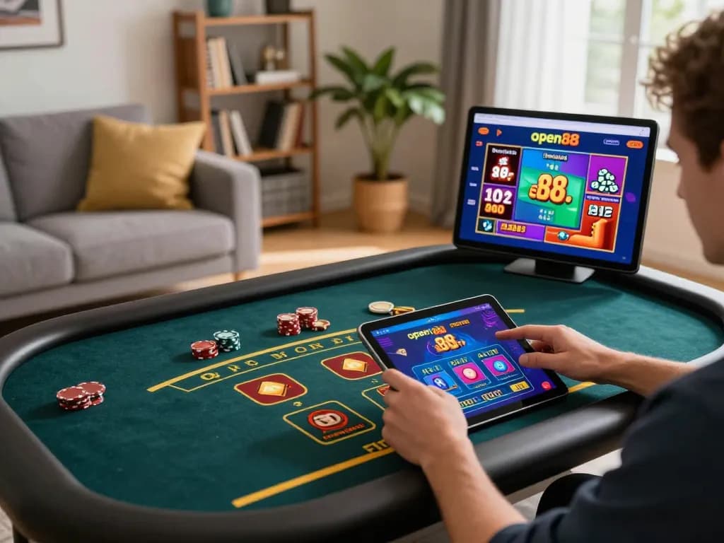 Engaging gameplay on open88's online casino app, with a player focused on placing bets in a cozy living room.