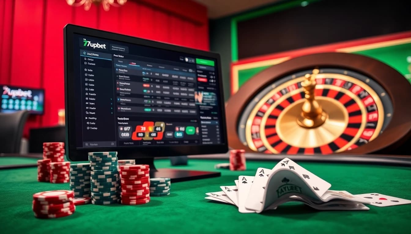 Exciting online gambling scene featuring 7upbet sports betting interface with poker chips and cards.