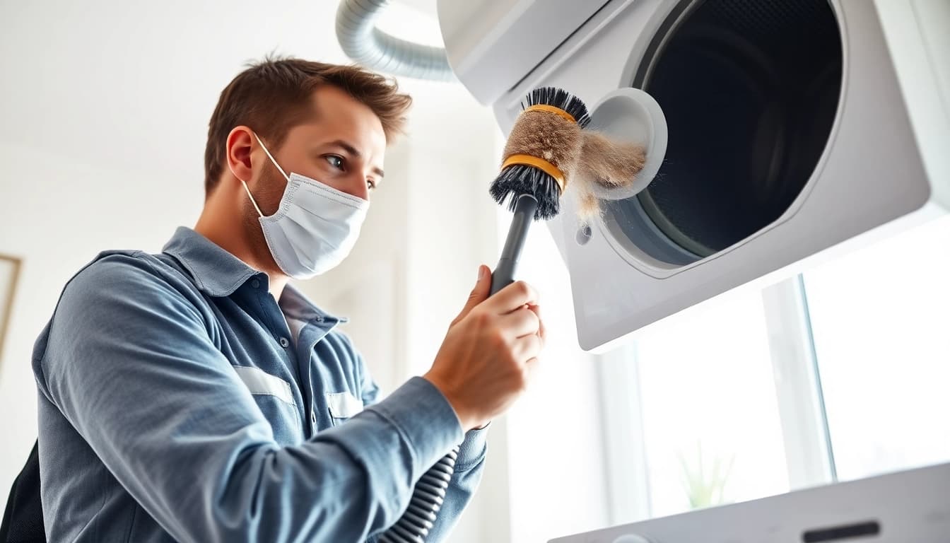 Dryer Vent Cleaning service in action, showcasing a technician removing lint and ensuring safety.
