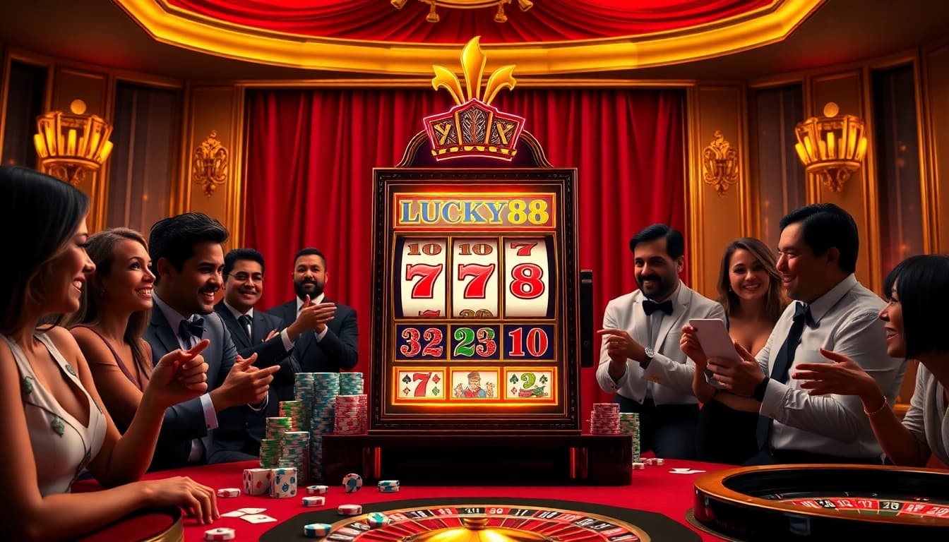 Experience excitement at the LUCKY88 slot machine surrounded by vibrant casino elements.