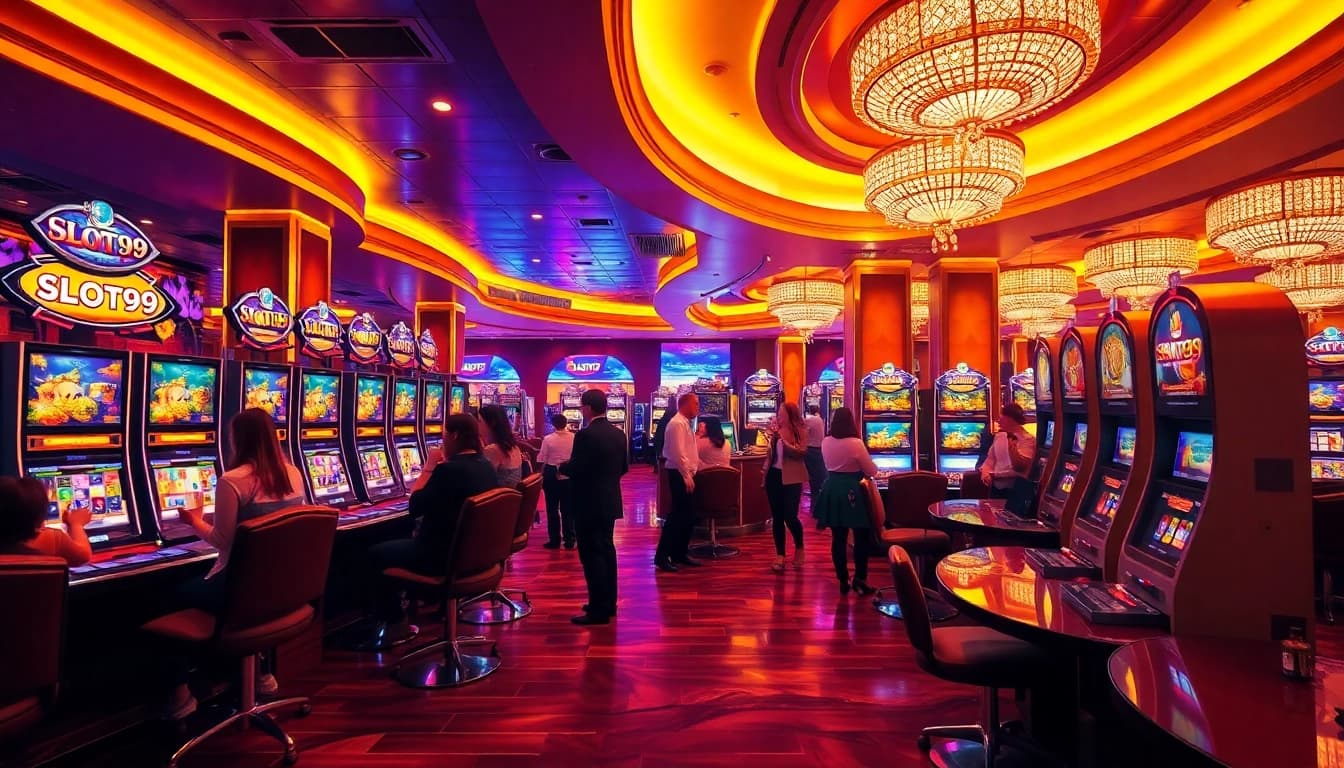 SLOT99 vibrant casino scene showcasing players engaging with luxurious slot machines.