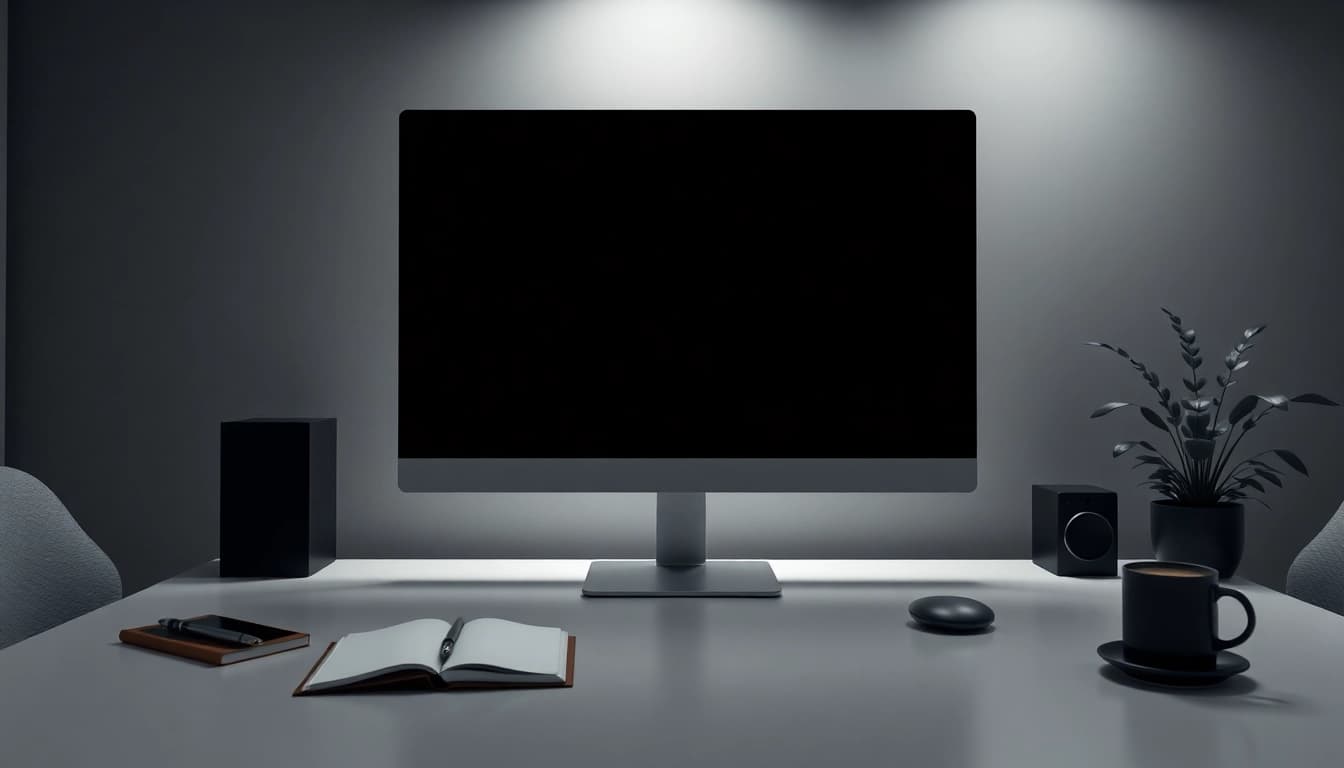 Full black screen displayed on a modern monitor in a minimalist workspace