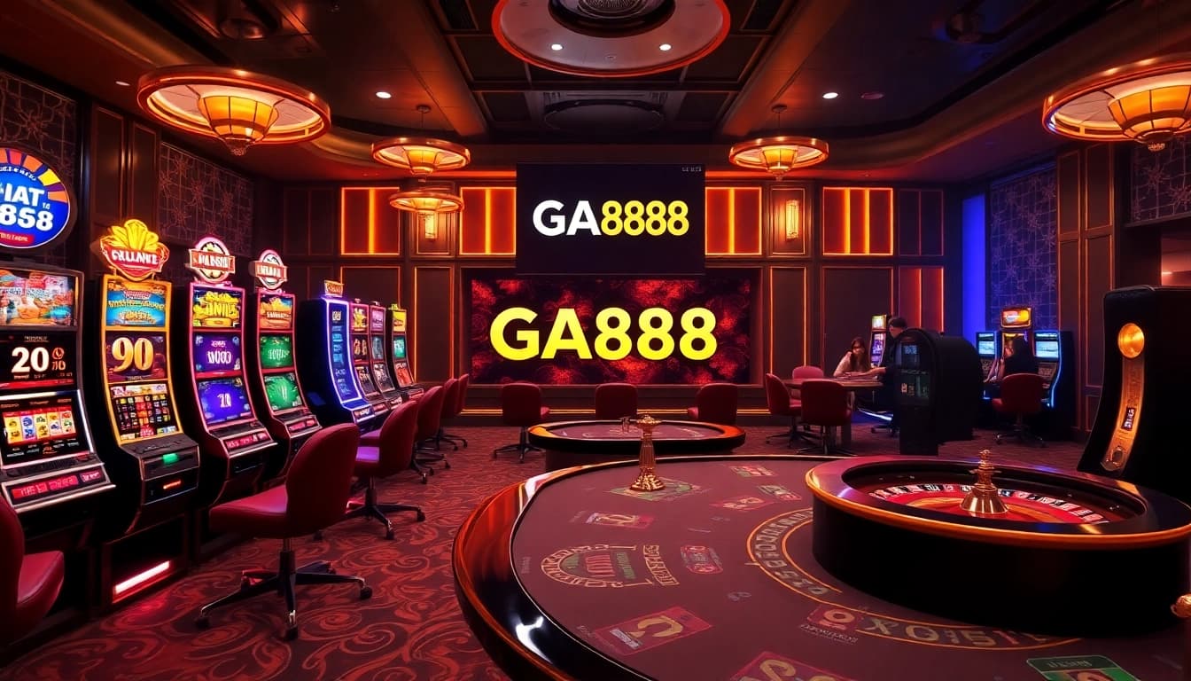 Gamblers enjoying exciting games at GA888 casino with vibrant tables and slot machines.