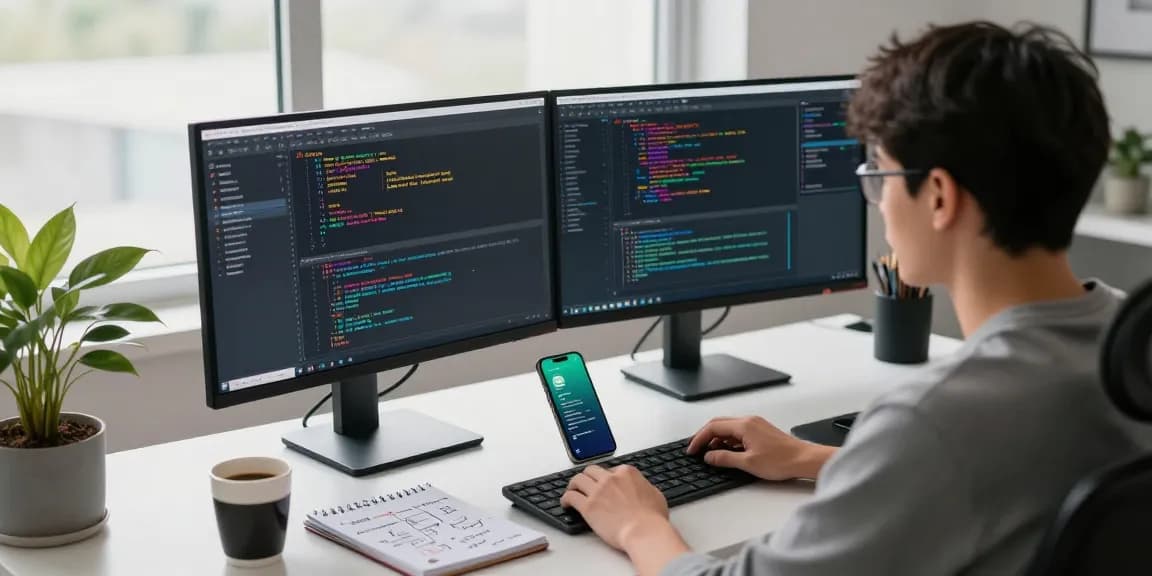 WhatsApp下載 is illustrated in a tech workspace featuring a developer coding.