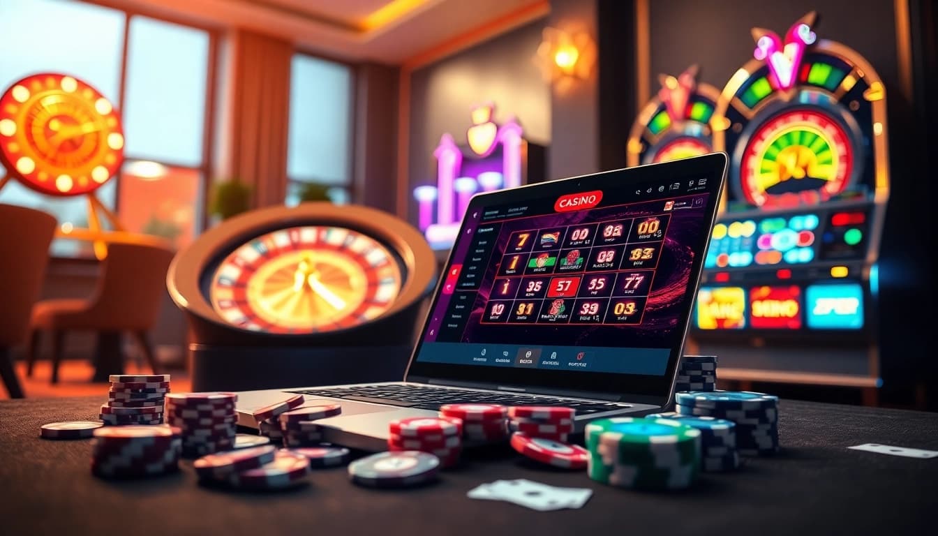 Vivez une action palpitante au casino en ligne avec des jetons de poker vibrants et une roulette lumineuse.