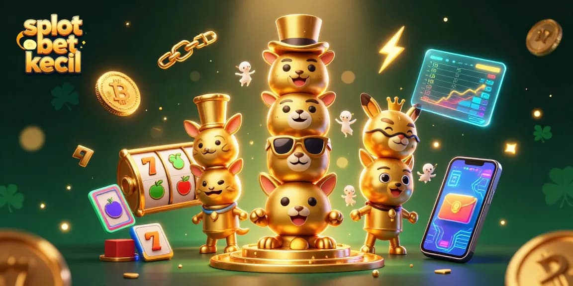 Slot bet kecil menghadirkan momen beruntung dengan simbol slot dan koin cryptocurrency yang bersinar.