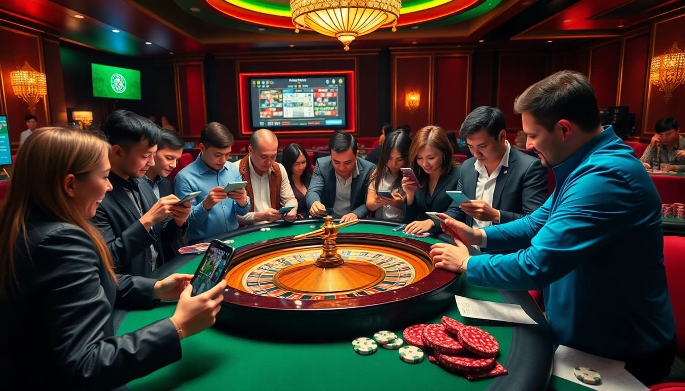 Experience the thrill of แทงบอลโลก with energetic bettors analyzing odds and stats at a premium casino.