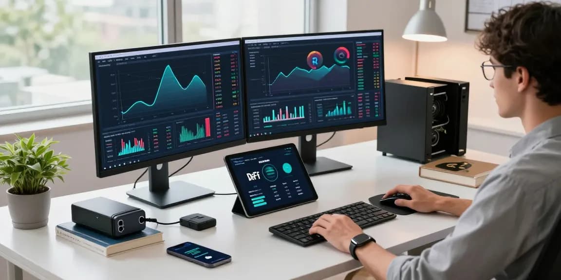 cloud mining company workspace with professional tech setup, cryptocurrency mining charts, digital wallet, blockchain advancements