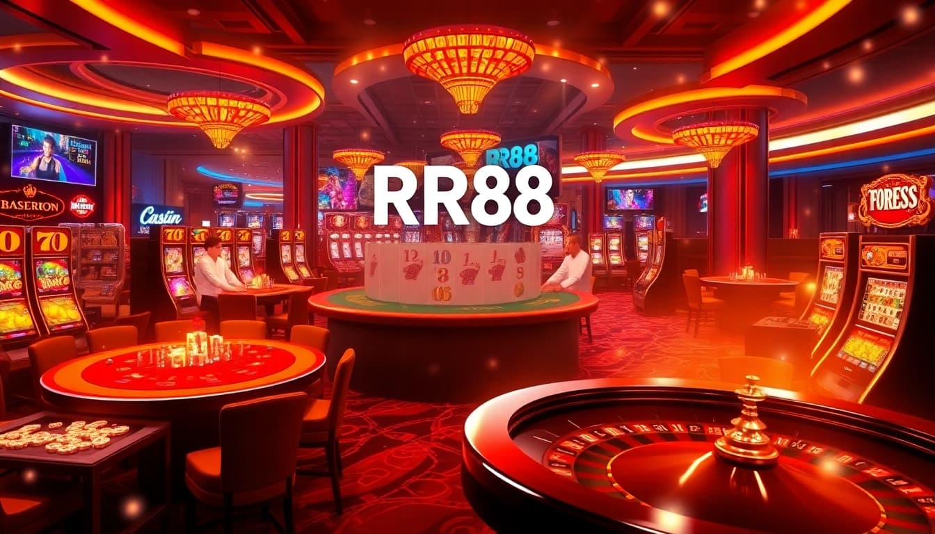 RR88 casino scene showcasing vibrant gameplay with roulette and slot machines.