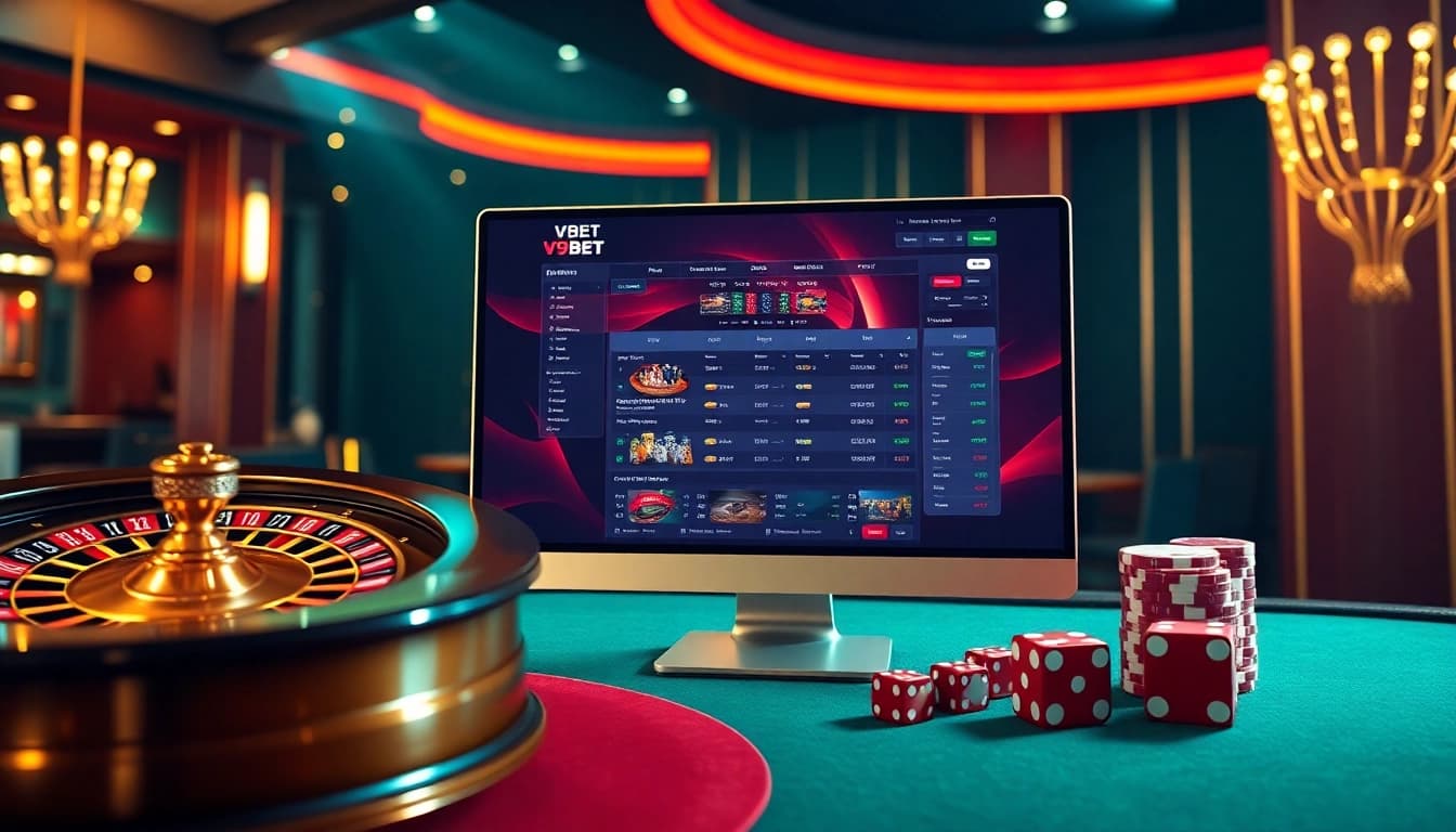 Experience thrilling V9bet gaming with a vibrant online casino scene, roulette, and poker chips.