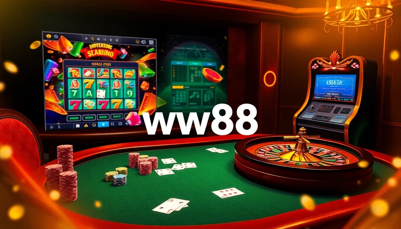 WW88 casino scene with poker chips and a roulette wheel creating an exciting gambling atmosphere