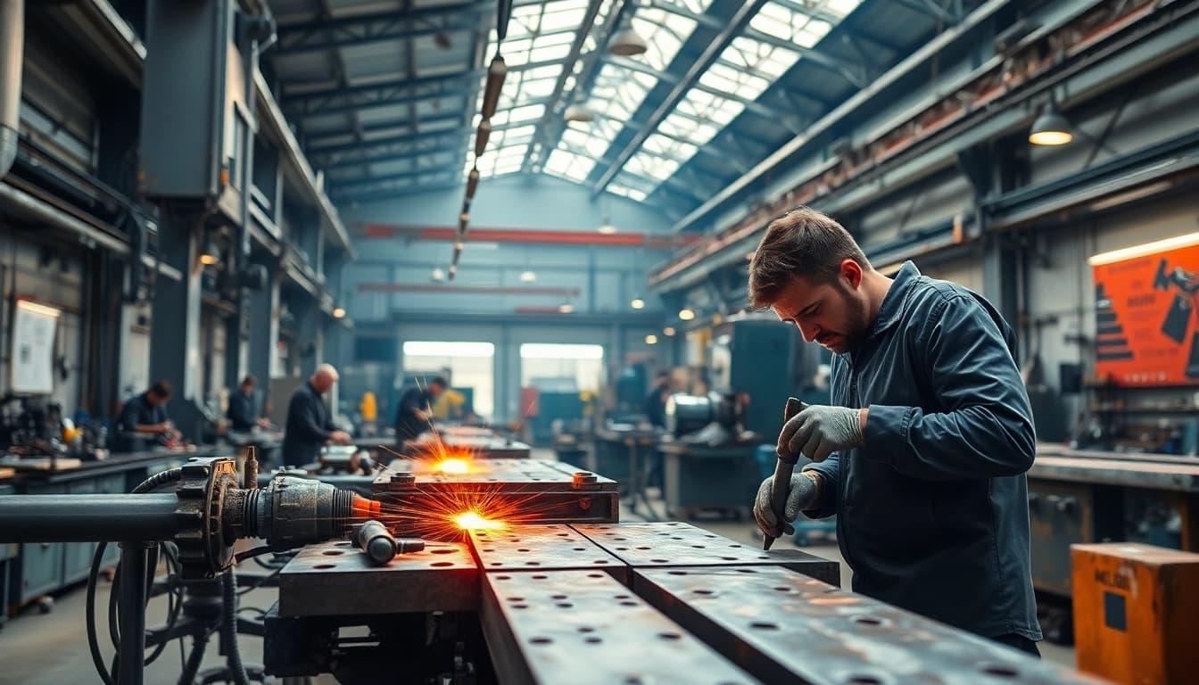 Crafting custom steel fabrication in a vibrant workshop with skilled artisans.