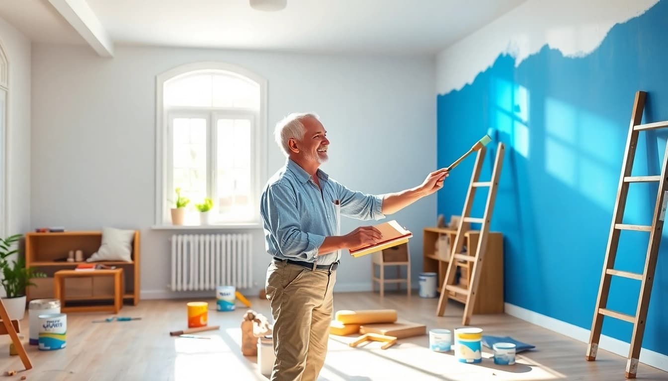 Painting Contractors applying vibrant blue paint in a bright living room