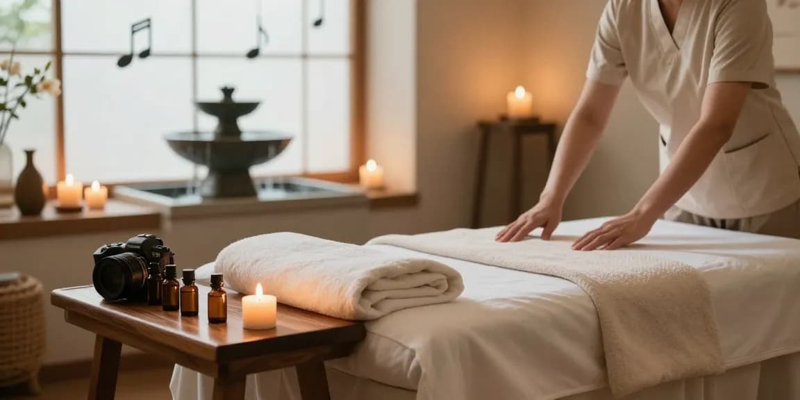 전주마사지 추천을 위한 편안한 마사지 룸 모습, 아로마 오일과 촛불이 배치되어 있습니다.