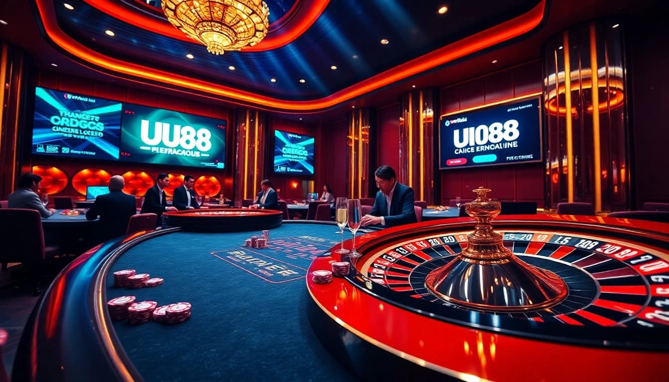 UU88 poker players engaging at a luxurious table with colorful chips in a vibrant casino setting.