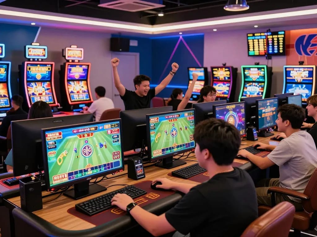 W88 online gaming excitement with players at slot machines and live casino tables showcasing vibrant digital environments.