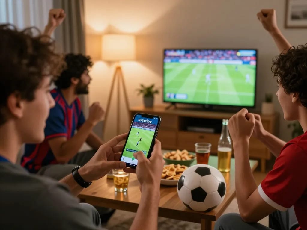 Socolive user enjoying a live football match on smartphone in a cozy home setting.