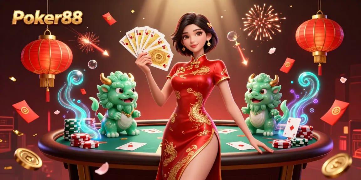 Experience the excitement of Poker88 with a dynamic scene featuring captivating gaming elements.