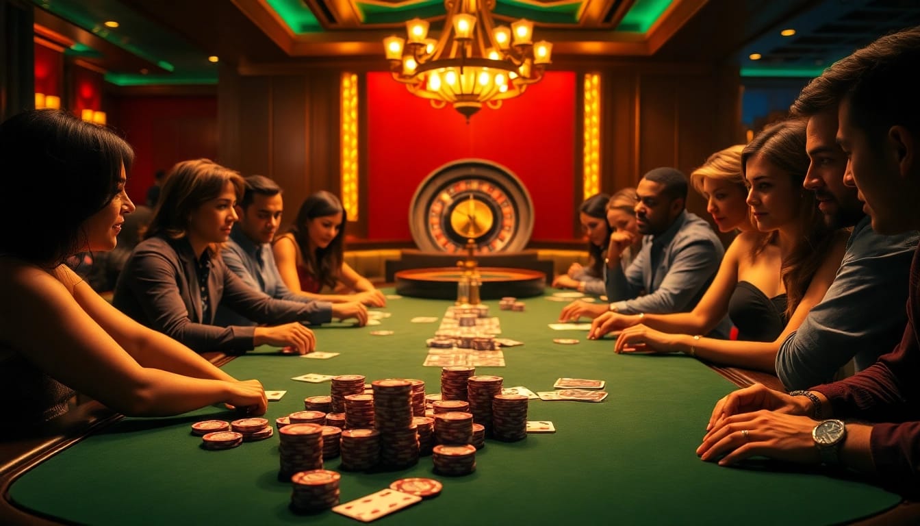 Hoạt động poker đầy căng thẳng trên bàn casino sang trọng với chip poker cg79 và bộ bài cg79.