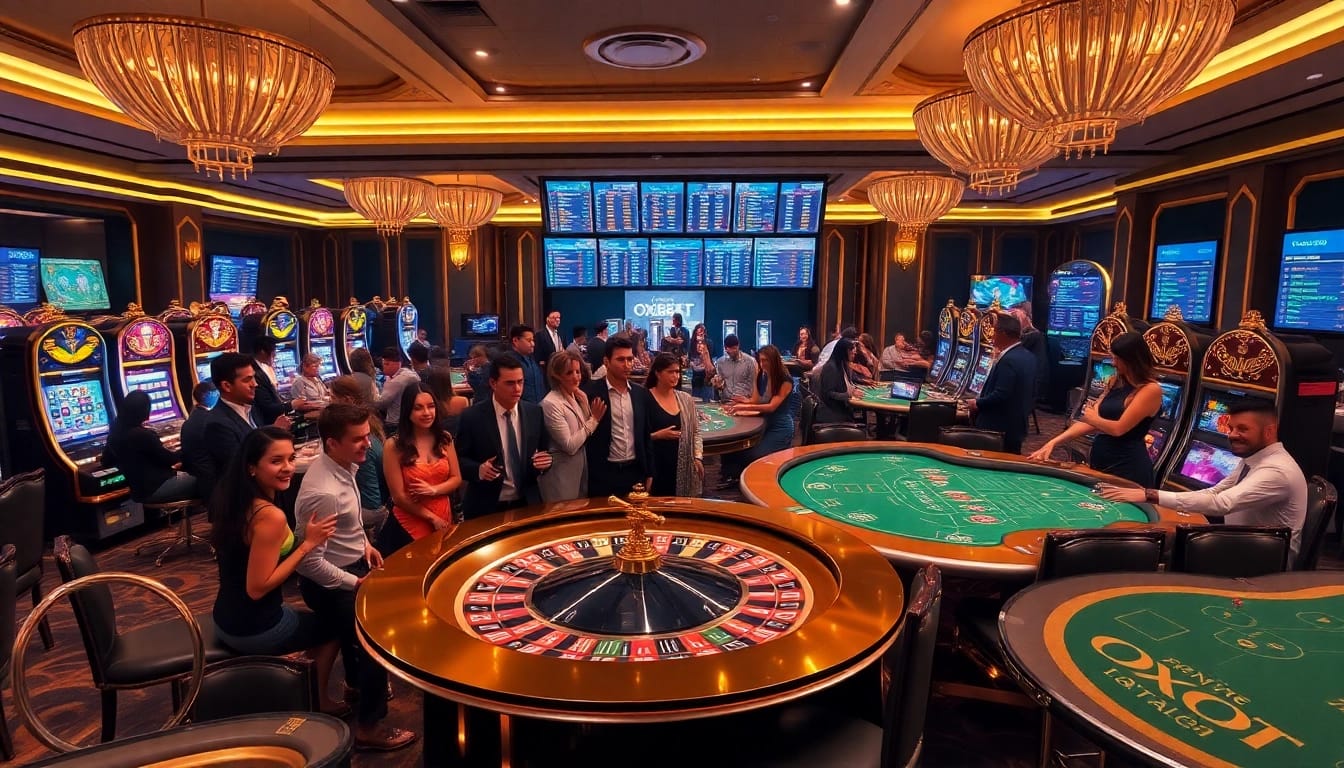 Betting excitement at OXBET with luxury casino elements and digital displays.
