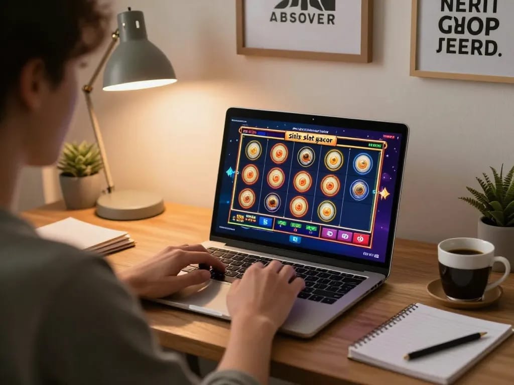Player enjoying situs slot gacor gaming on laptop at home, showcasing engaging online gameplay and strategy.