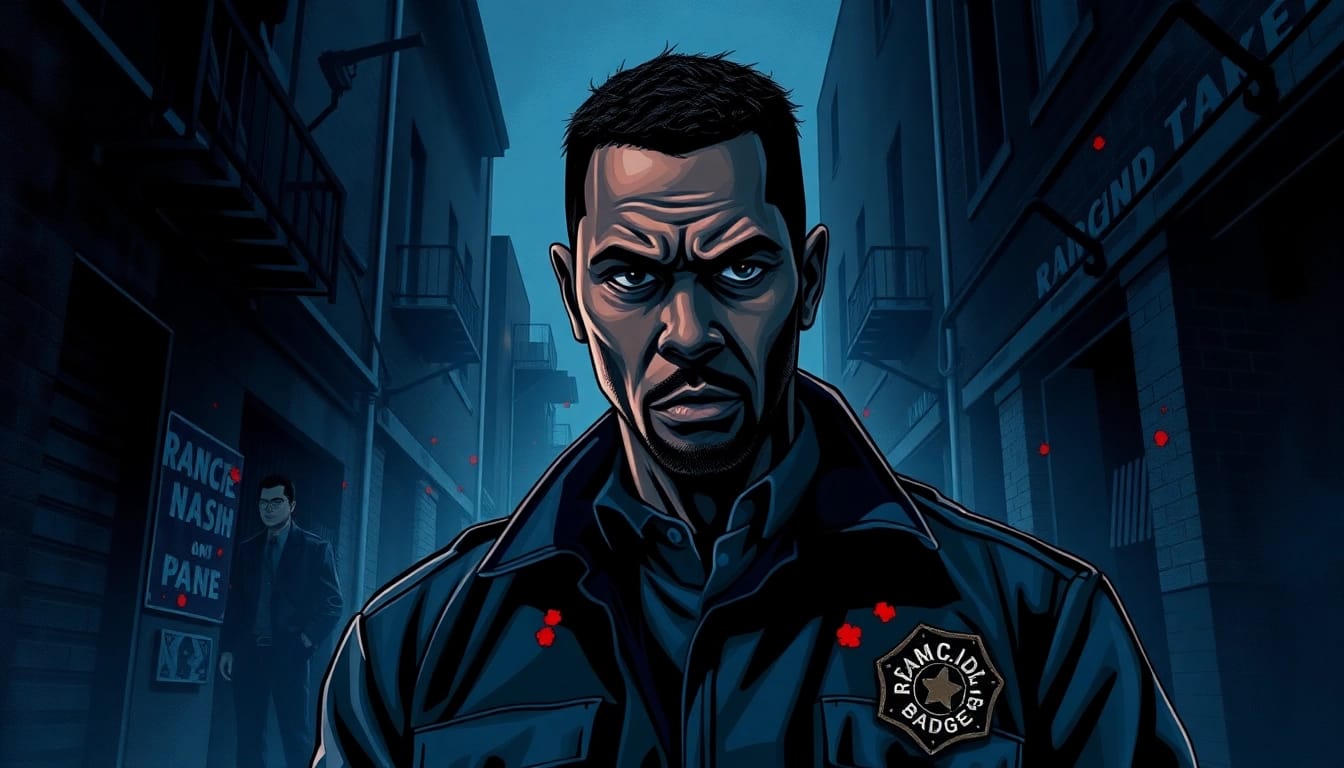 Engage with Rancid Badges, showcasing the intense cover of a crime thriller highlighting the protagonist in an urban setting.