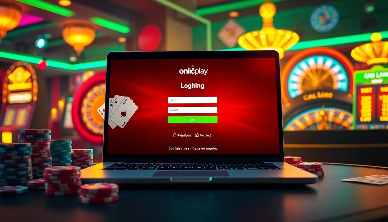 Engaging onicplay login scene with online gambling interface and casino elements.
