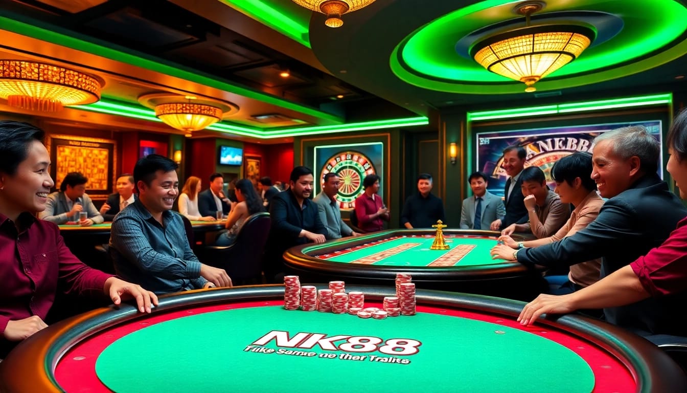 Players enjoying a thrilling game at the NK88 poker table in an upscale casino environment.