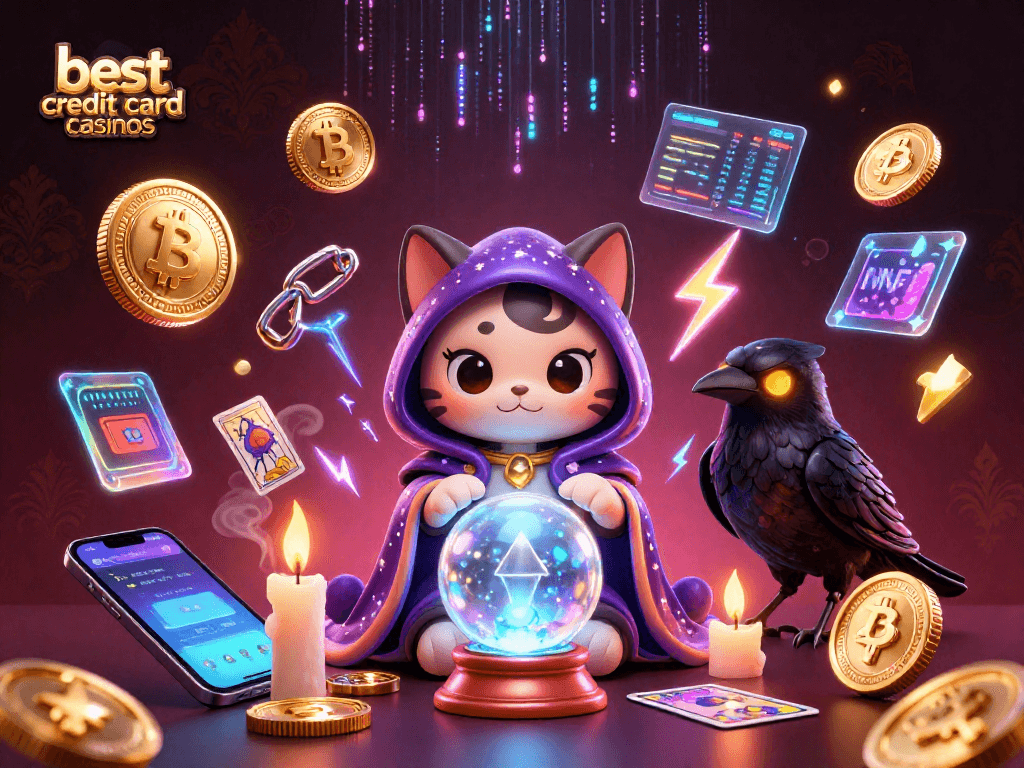 Experience the thrilling atmosphere of the best credit card casinos with vibrant gaming characters and crypto elements.