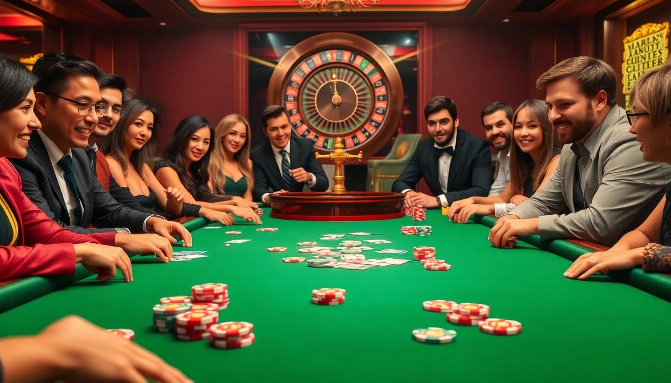 Exciting casino gameplay scene with MMOO betting strategies using cards, chips, and a roulette wheel.