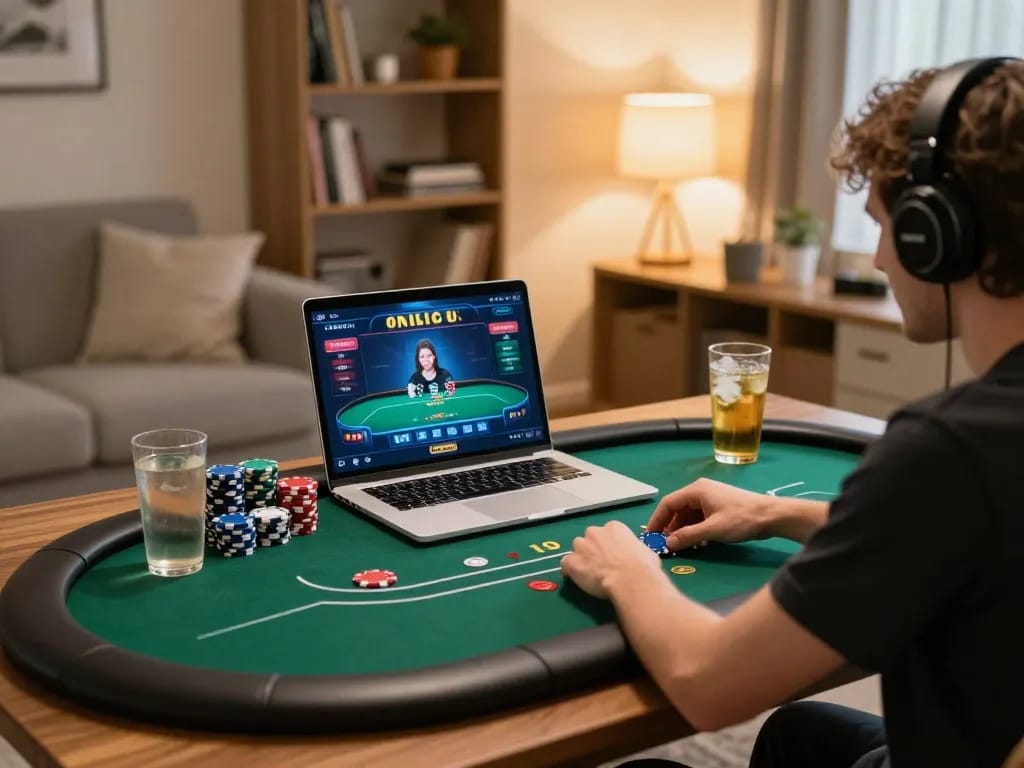 Engaging scene of rokok 88 players at home enjoying online poker with strategy notes