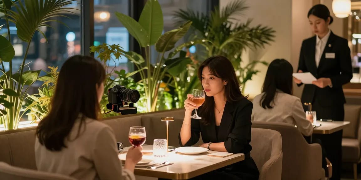 강남쩜오에서 고급스러운 사교 모임을 즐기는 여성의 모습