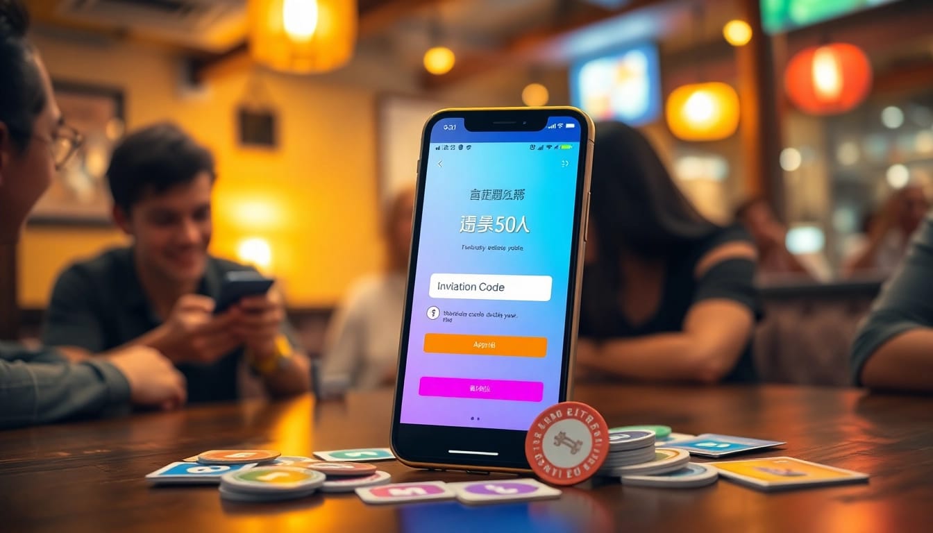 カラフルなゲームトークンに囲まれたスマートフォン上に表示される、ワクワクするオリくじ招待コード。