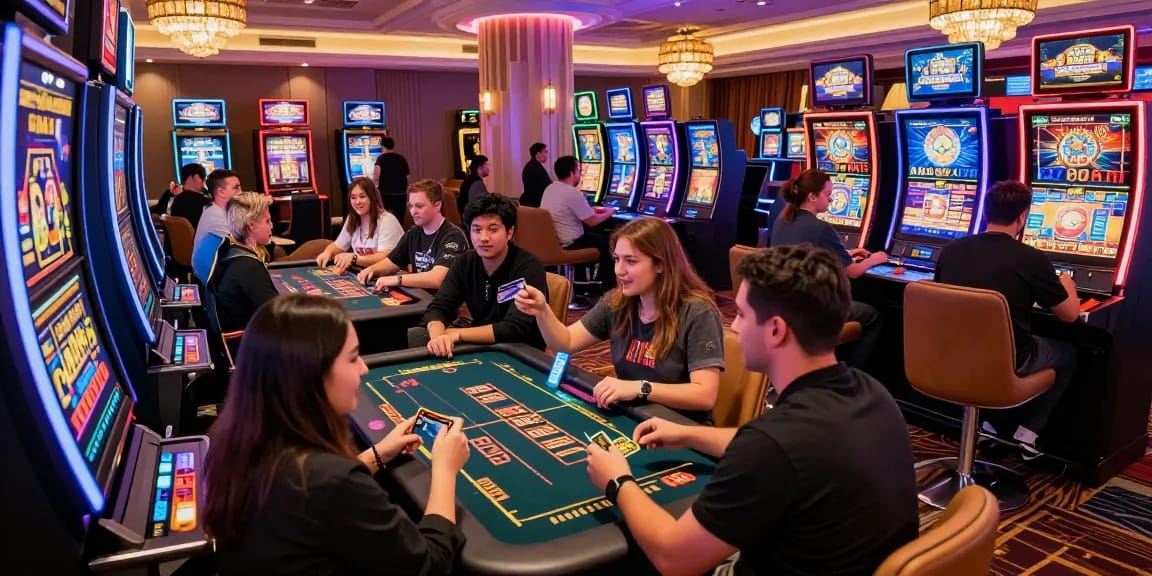 Exciting scene at casinos that accept credit cards with players enjoying gaming and using cards, vibrant atmosphere.