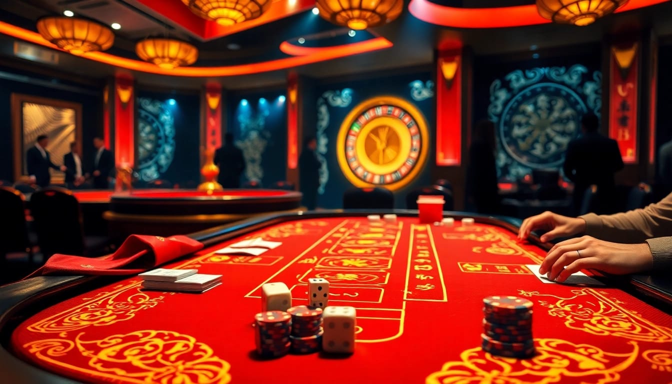 Engage in thrilling gameplay at https://taixiumd5.fan/ with vibrant Tài Xỉu MD5 scenes featuring illuminated tables and spinning roulette wheels.