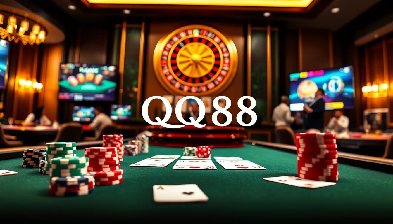 Experience the excitement of QQ88 with vibrant casino games, poker chips, and roulette wheels.