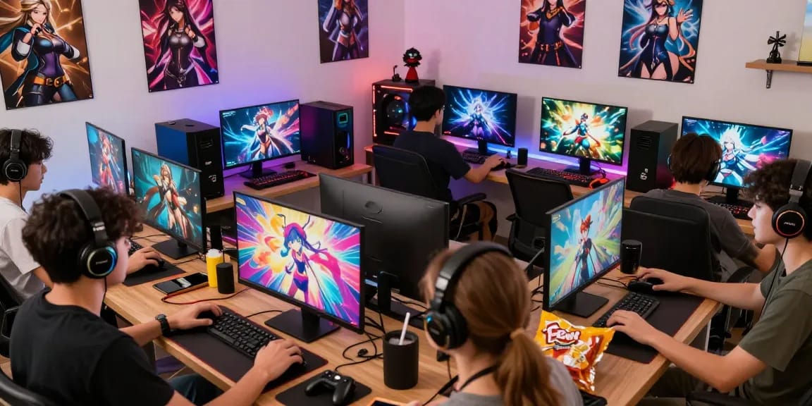 Engaging scene with players immersed in hentai games and colorful gaming setups.