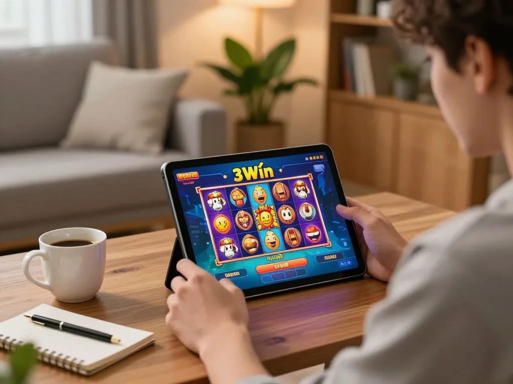 Engaged player enjoys 3Win nổ hũ on tablet in a cozy home setting, emphasizing strategic enjoyment and modern design