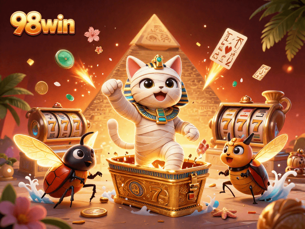 Experience the excitement of 98win with a vibrant casino scene featuring animated characters and game elements.
