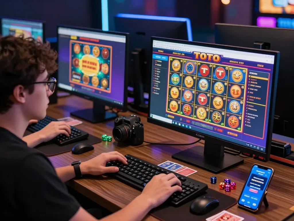 Player enjoying TOTO gaming on bantaitogel site with colorful graphics and gaming accessories.