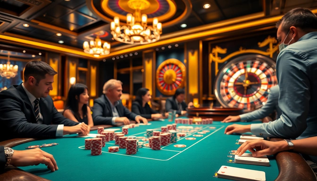 Joueurs engagés à une table de poker dans un cadre de casino en ligne luxueux avec des jetons et des cartes vibrants.