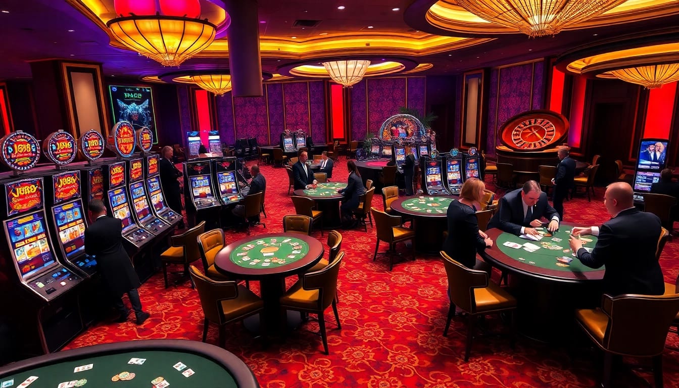 Players enjoying J88 slot machines in a luxurious casino setting, showcasing excitement and professionalism.
