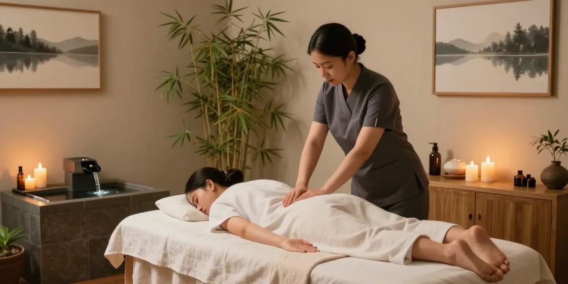 마사지 테라피 중인 전문 치료사가 아로마 오일과 함께 편안한 분위기의 마사지 룸에서 고객에게 스웨디시 마사지를 제공하는 모습