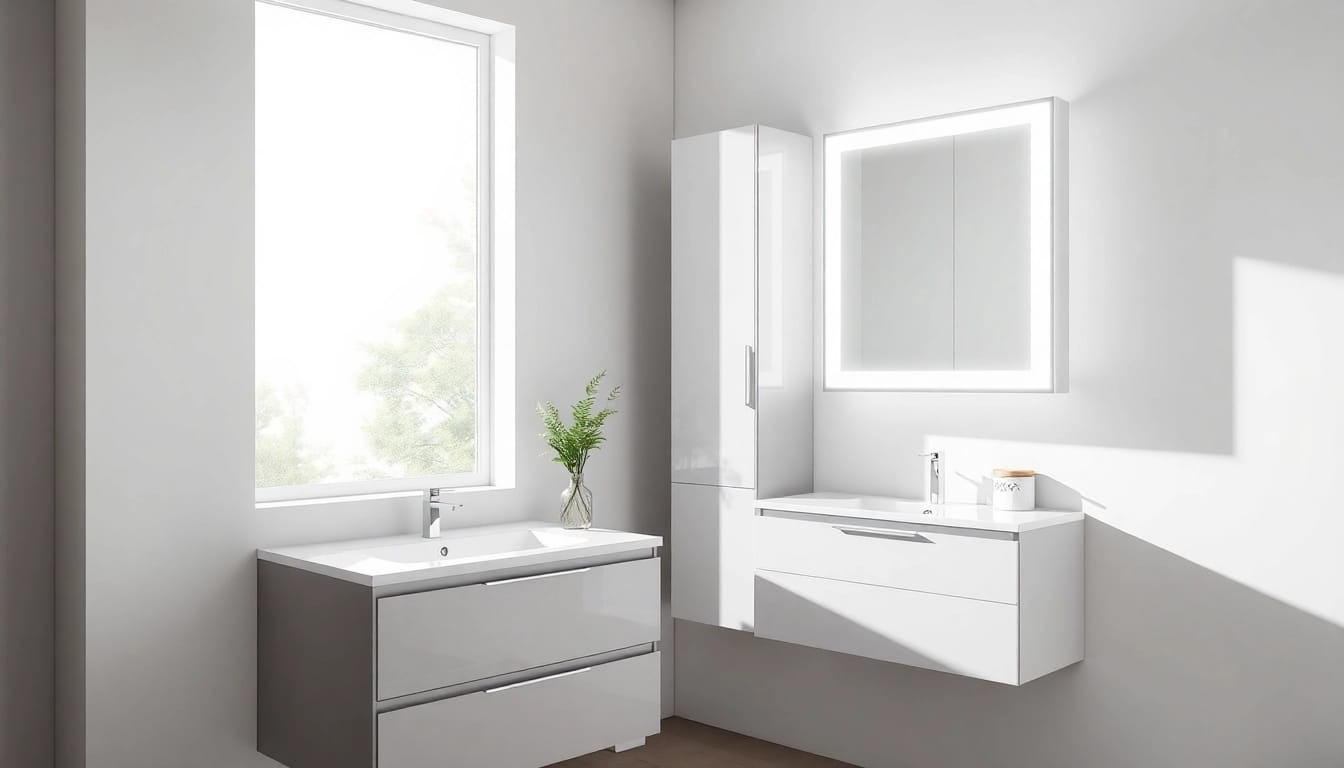 Enhance your bathroom with the elegant Sirhona France LED mirror and cabinet.