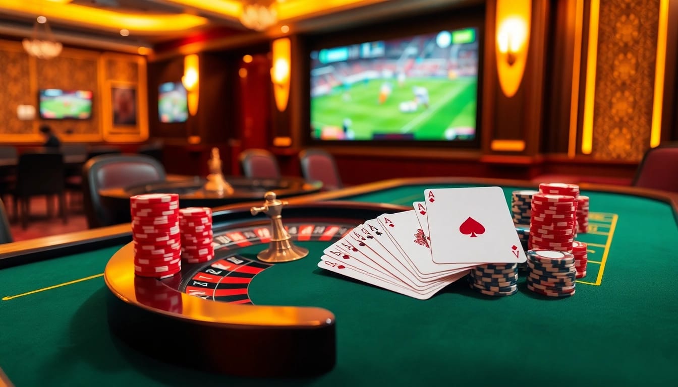 Experience thrilling live sports betting on luongsontv with a luxurious poker table and vibrant casino elements.