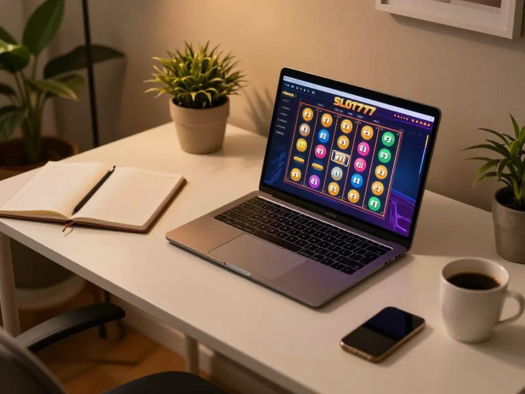 SLOT777 resmi engaging online gaming session with winning opportunities visible on the laptop screen.