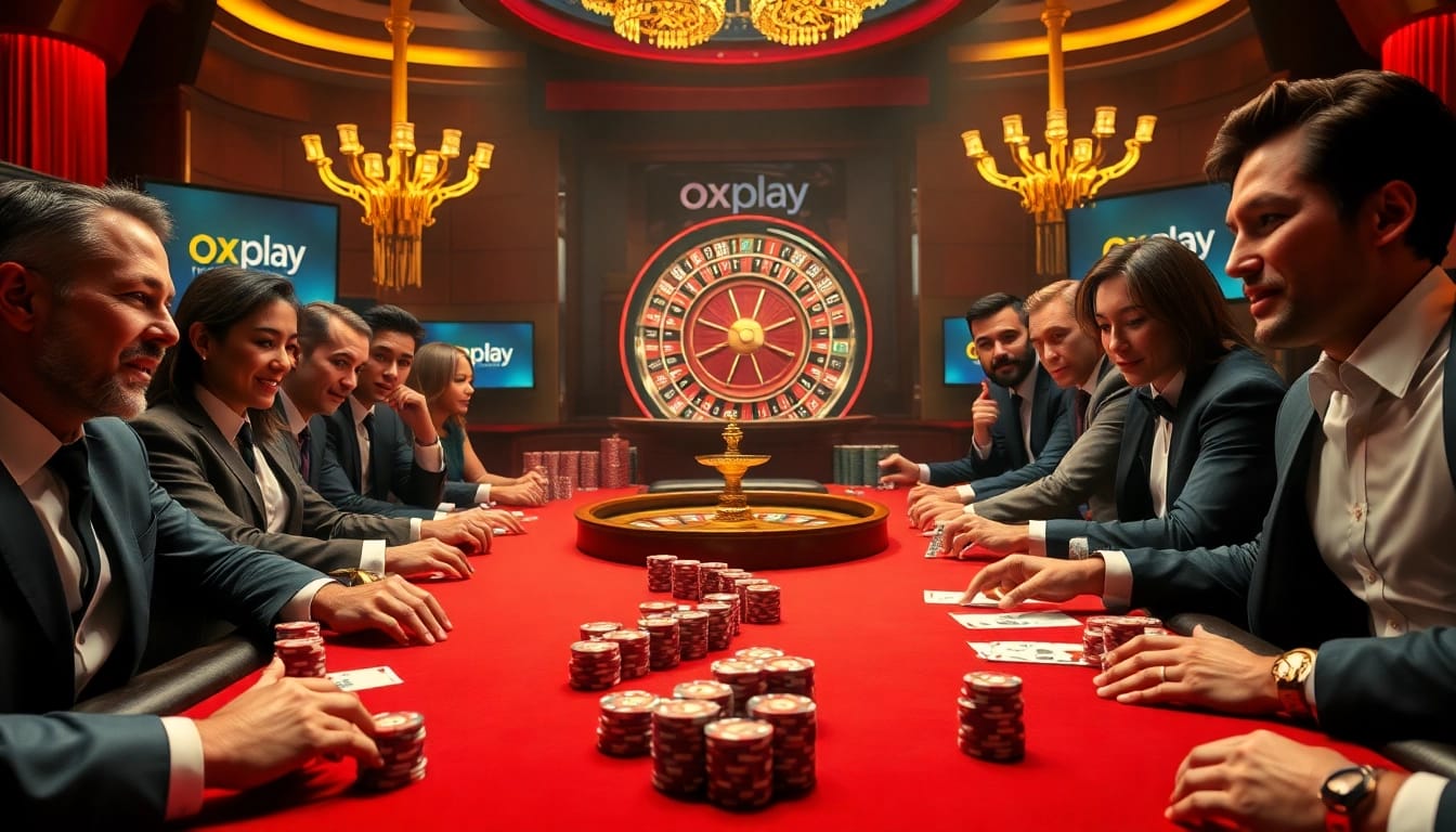 Players engage in exciting games at a luxurious poker table in the vibrant world of oxplay casino.