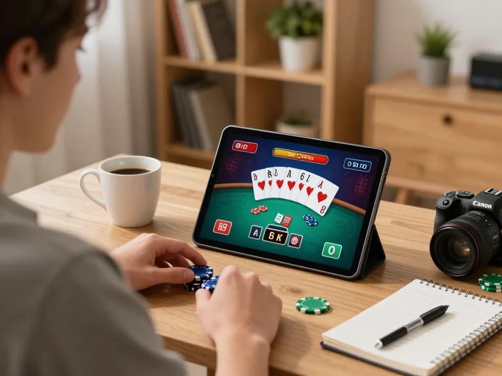 Okwintv user analyzing poker strategy while enjoying online gaming at home in a cozy setting.