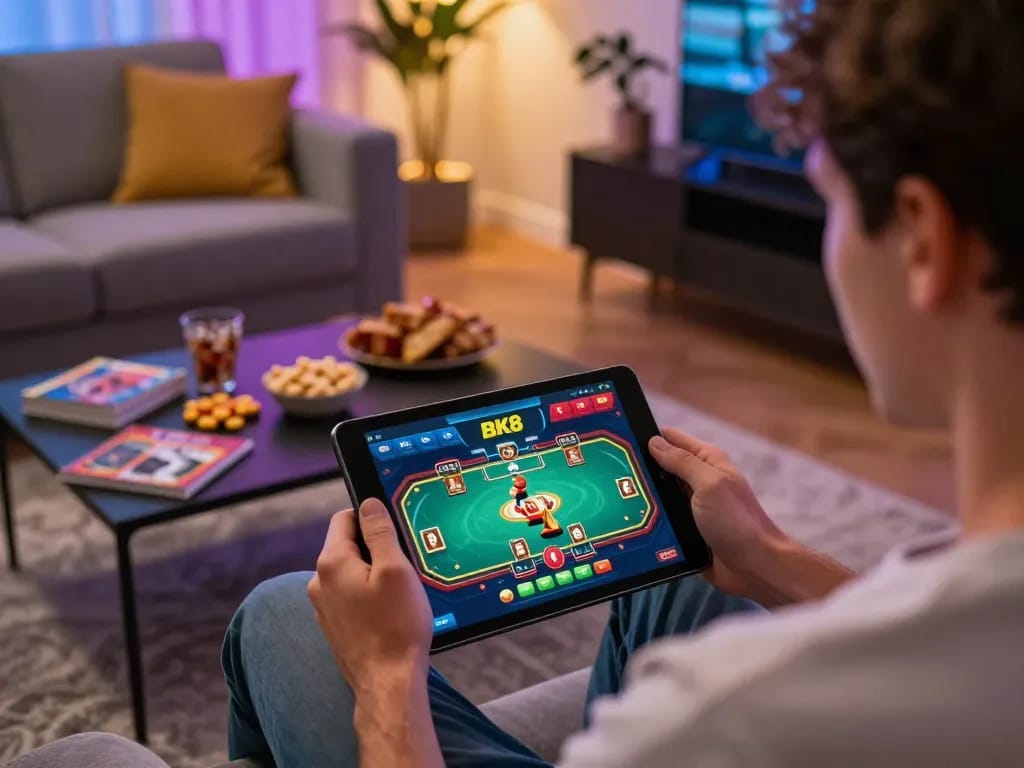 Player enjoying a lively poker game on the BK8 app at home, surrounded by strategy notes and a warm atmosphere